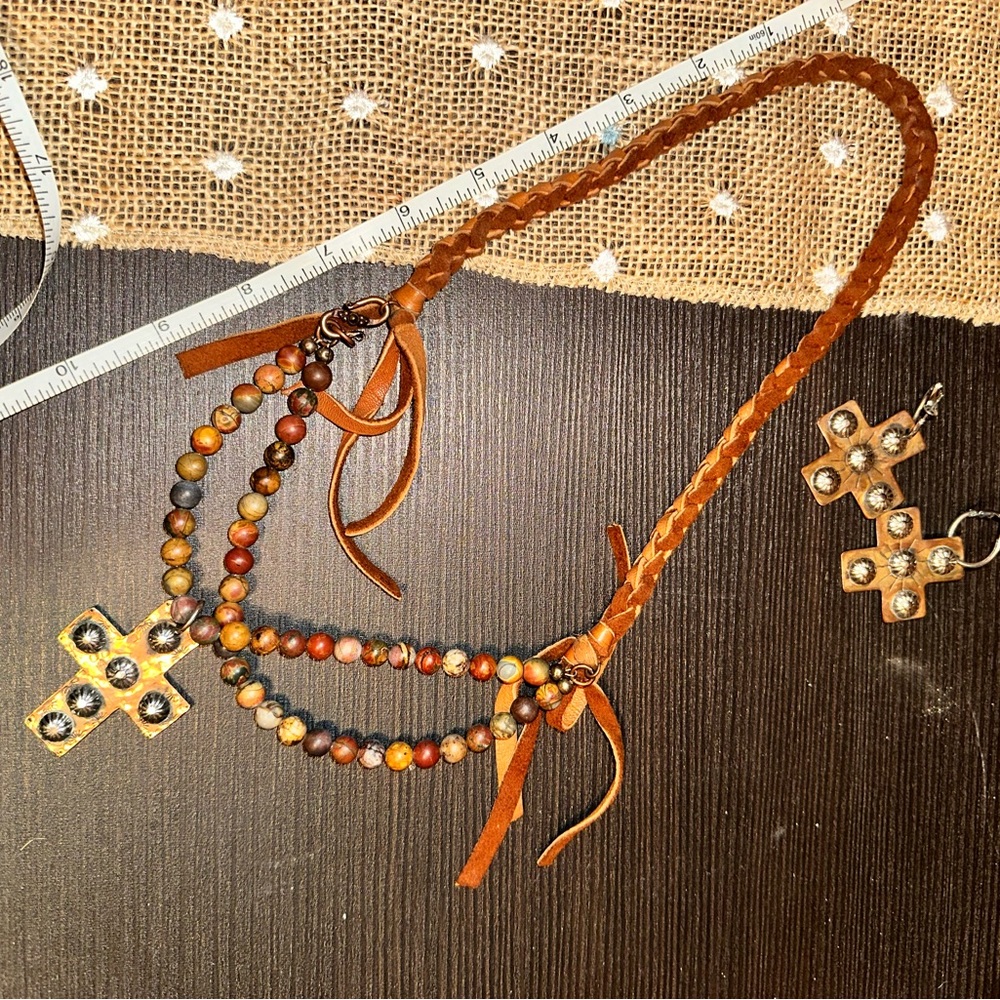 Leather Braided Cross Necklace and Earring Set